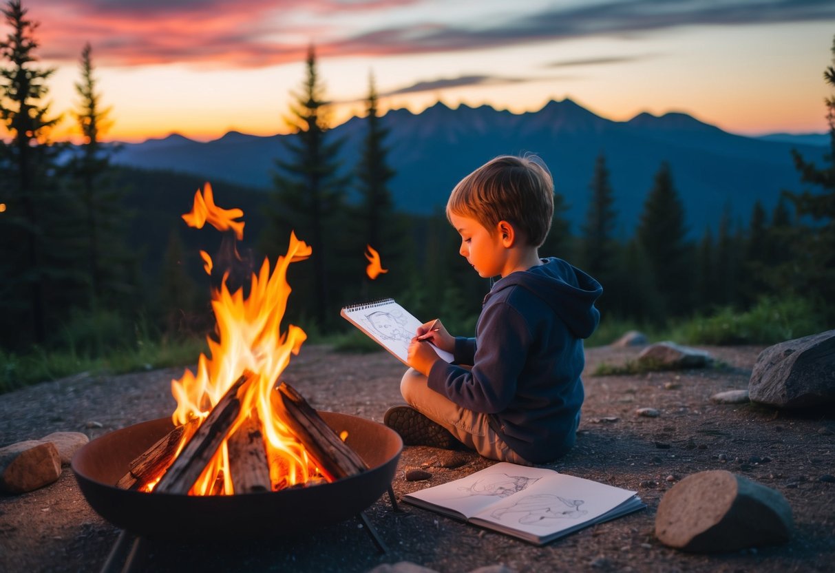 A child sitting by a campfire, surrounded by nature, sketching a beautiful sunset over a mountain range