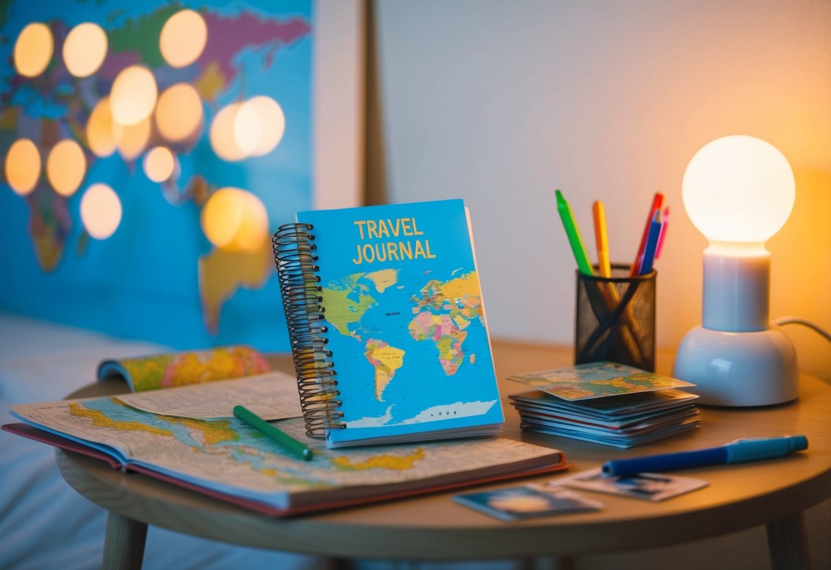 A child's travel journal sits on a bedside table, surrounded by a map, colorful pens, and a small stack of postcards. A nightlight casts a warm glow over the scene