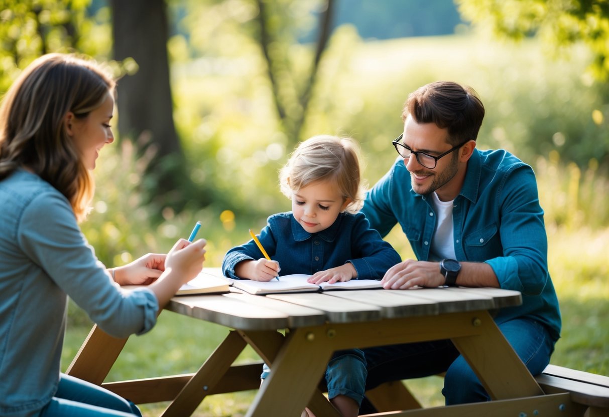 A child sits at a picnic table, surrounded by nature, drawing and writing in a journal. A parent looks on, smiling and encouraging