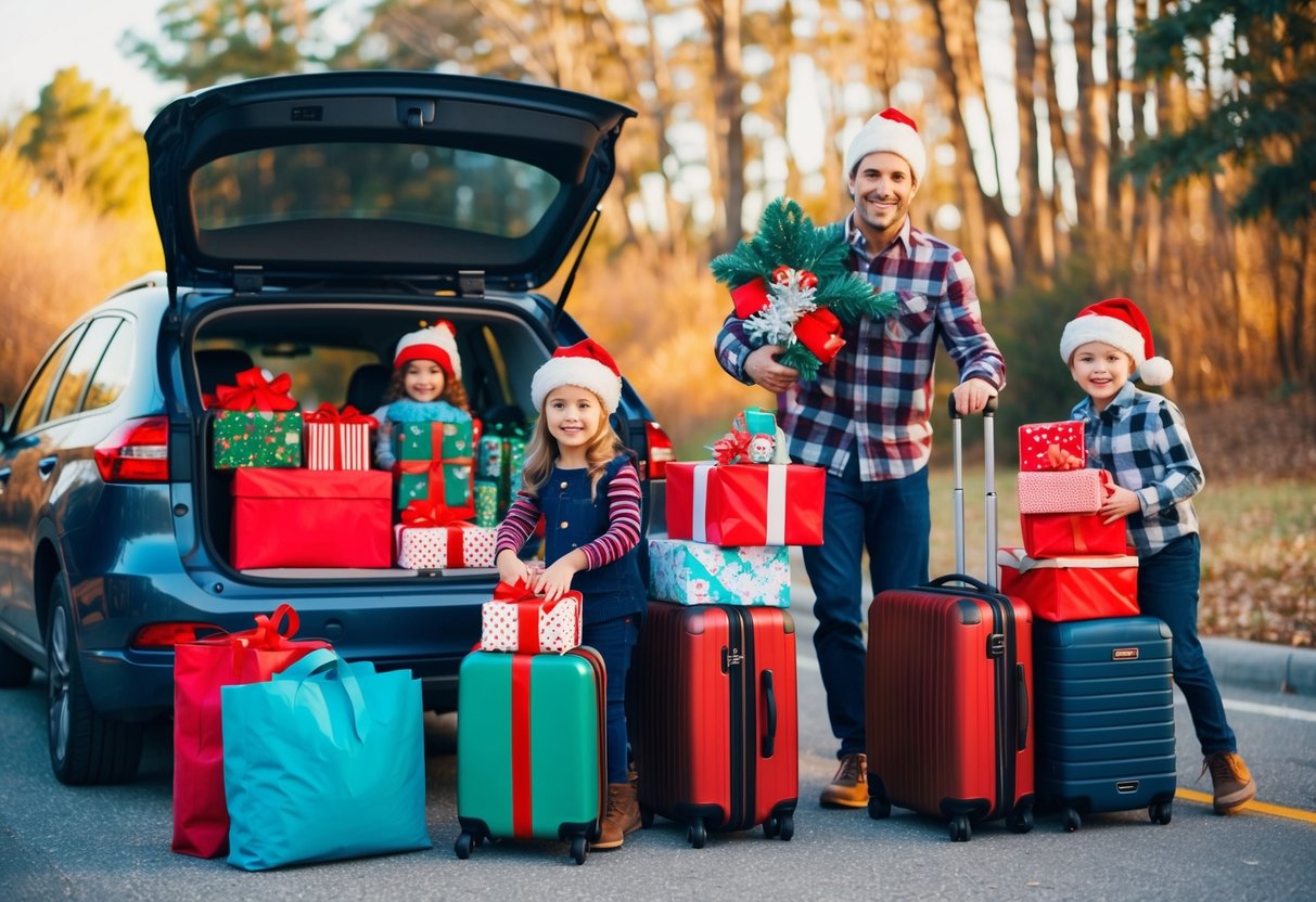 A family with kids packs suitcases, wraps gifts, and loads a car with holiday decorations and travel essentials