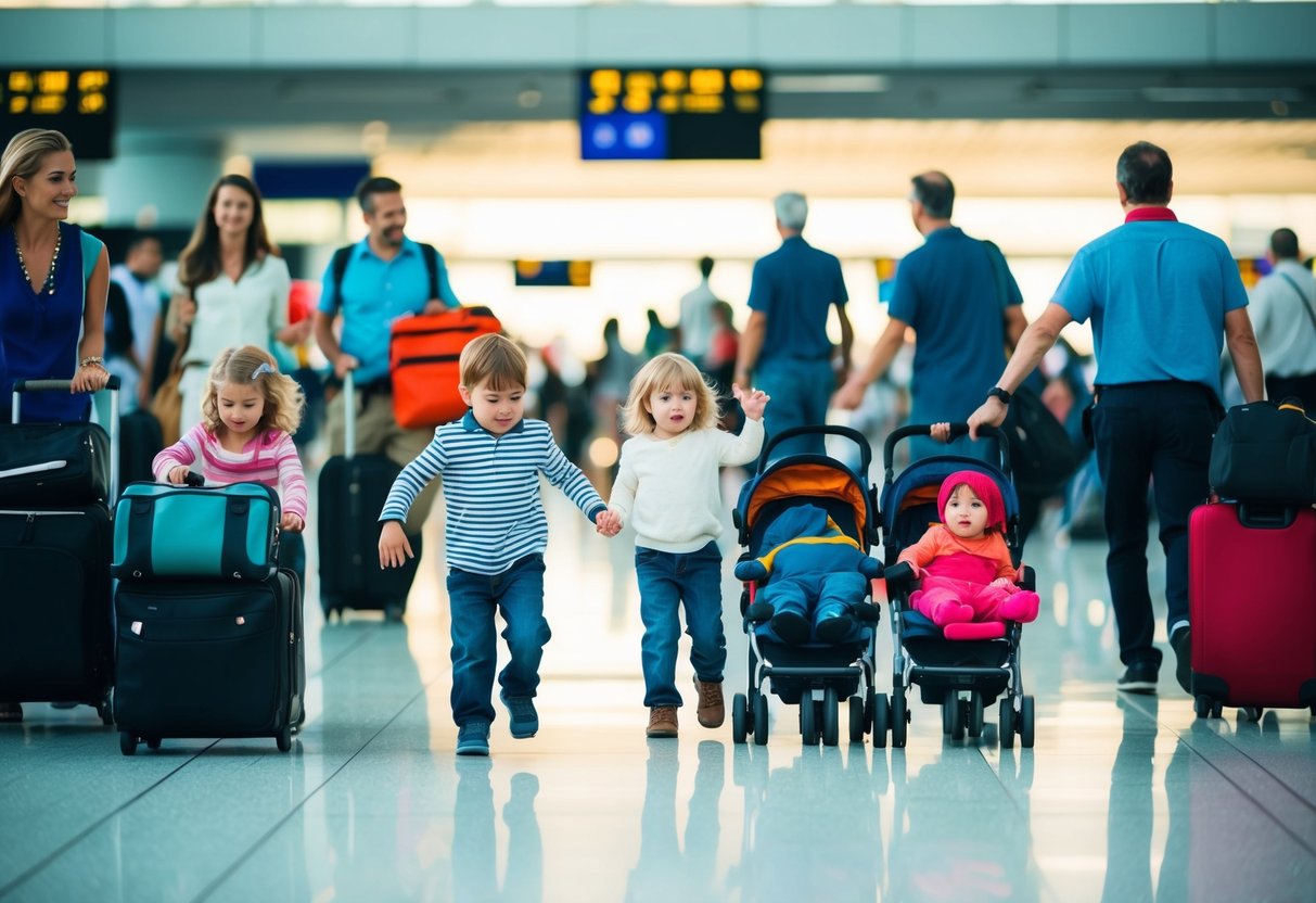 A family with young children navigating through a crowded airport, juggling luggage and strollers while trying to keep the kids entertained