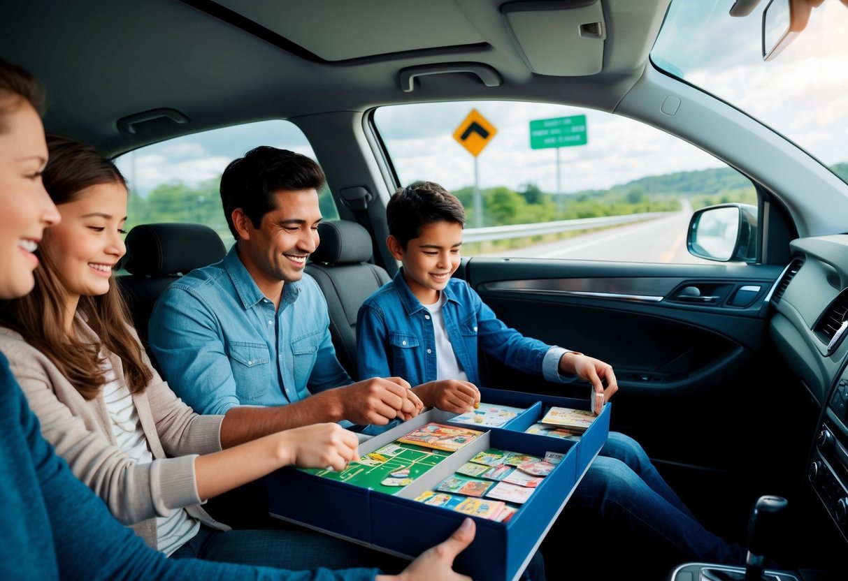 A family playing educational games in a car. Cards and travel-sized board games scattered on a foldable tray. Road signs and passing scenery visible through the window