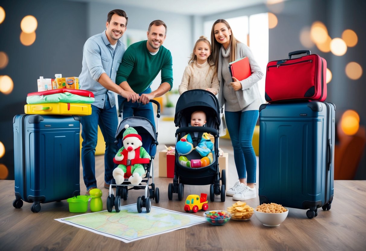 A family packs suitcases, stroller, and toys, with a map and snacks nearby. They smile, ready for holiday travel