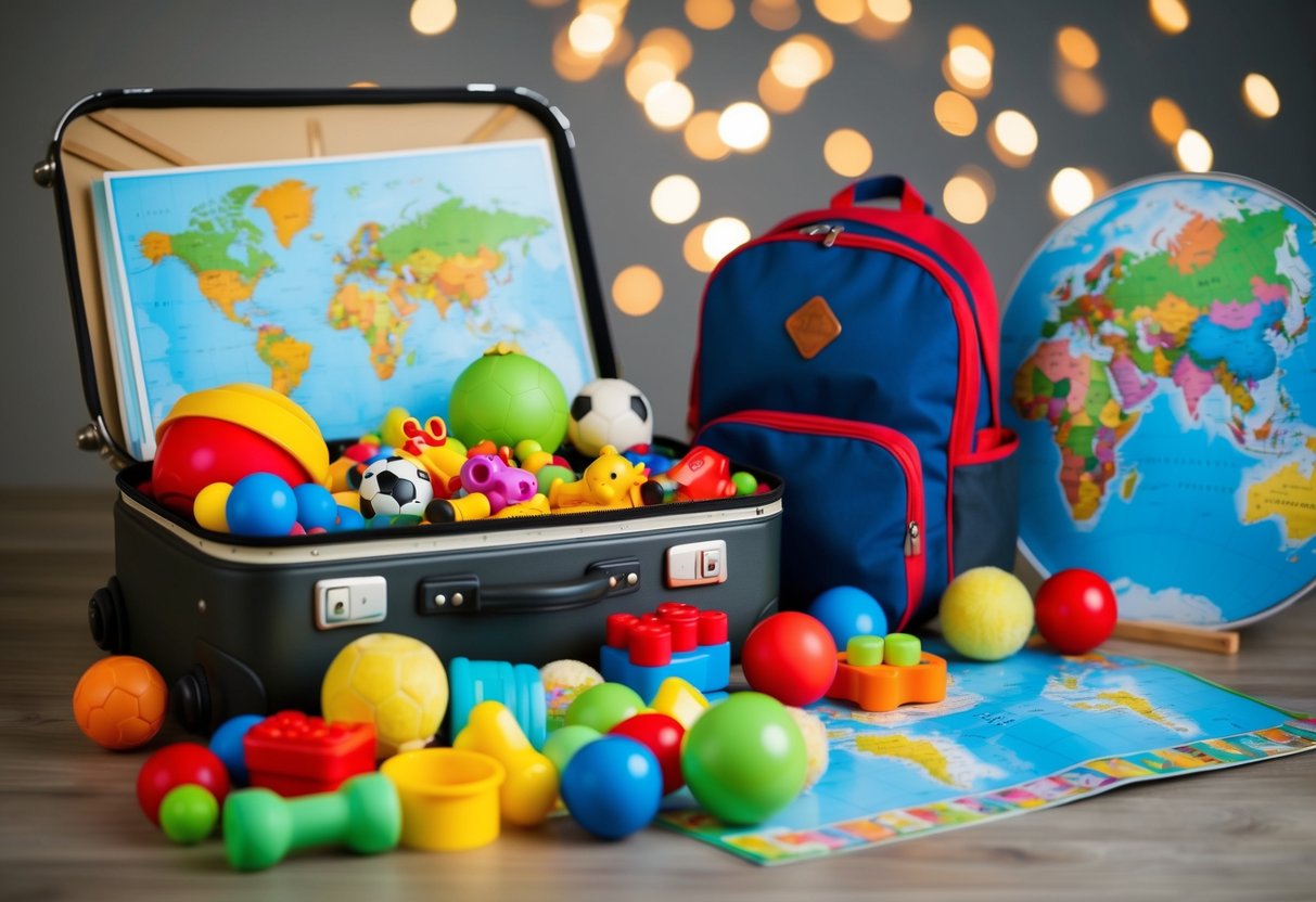 A colorful assortment of toys scattered around a packed suitcase, with a child's backpack and a map of the world nearby