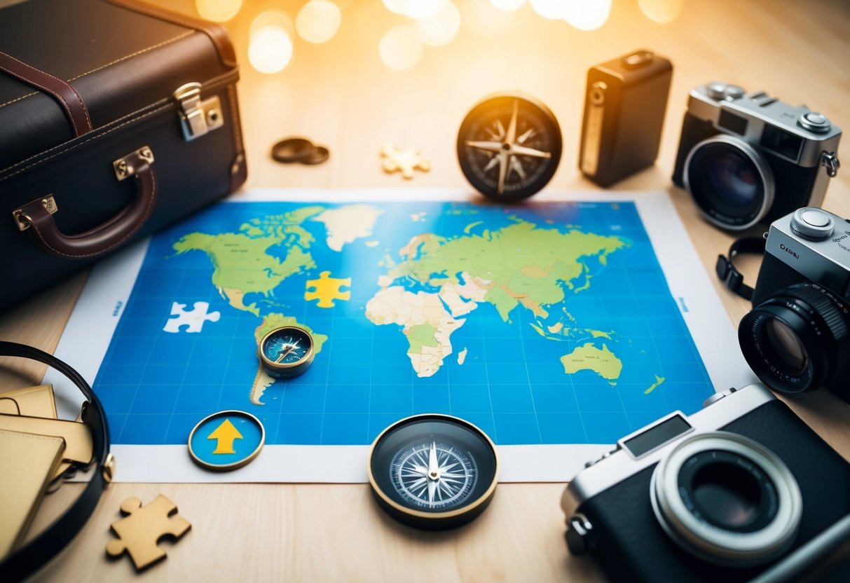 A map with various game icons, including a globe, compass, and puzzle piece, surrounded by travel-related items like a suitcase and camera