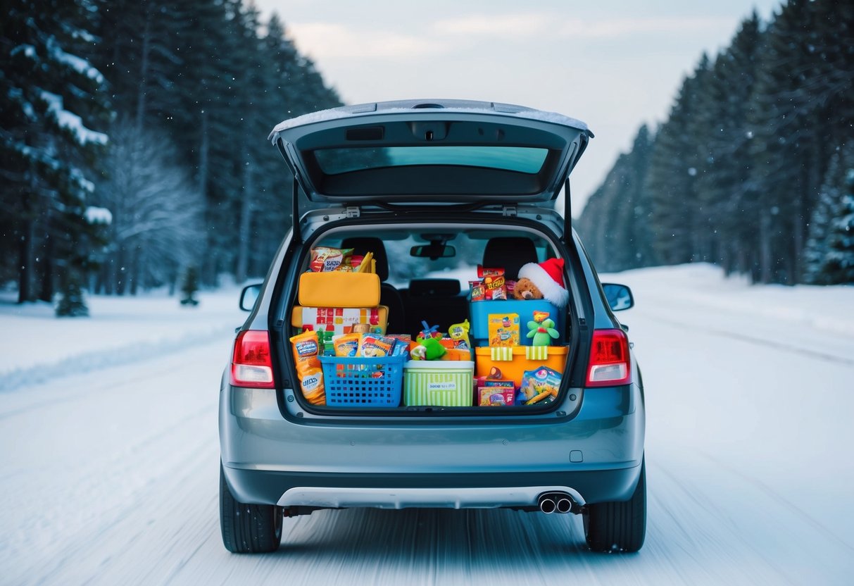 A family car packed with snacks, toys, and travel essentials, driving through a snowy landscape with a festive holiday atmosphere