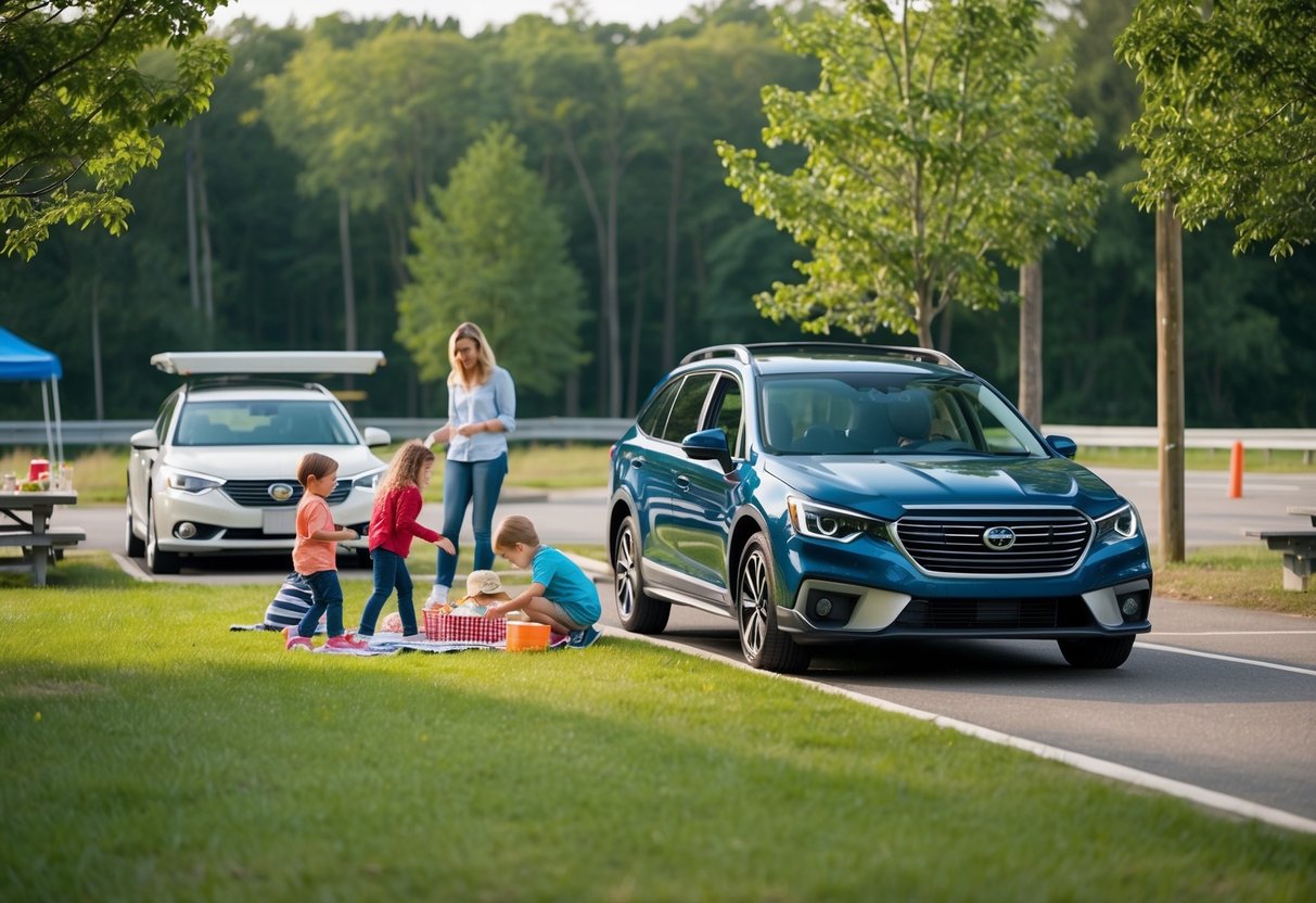 A family car parked at a rest stop, surrounded by trees and a picnic area. Children playing on the grass while parents set up a picnic