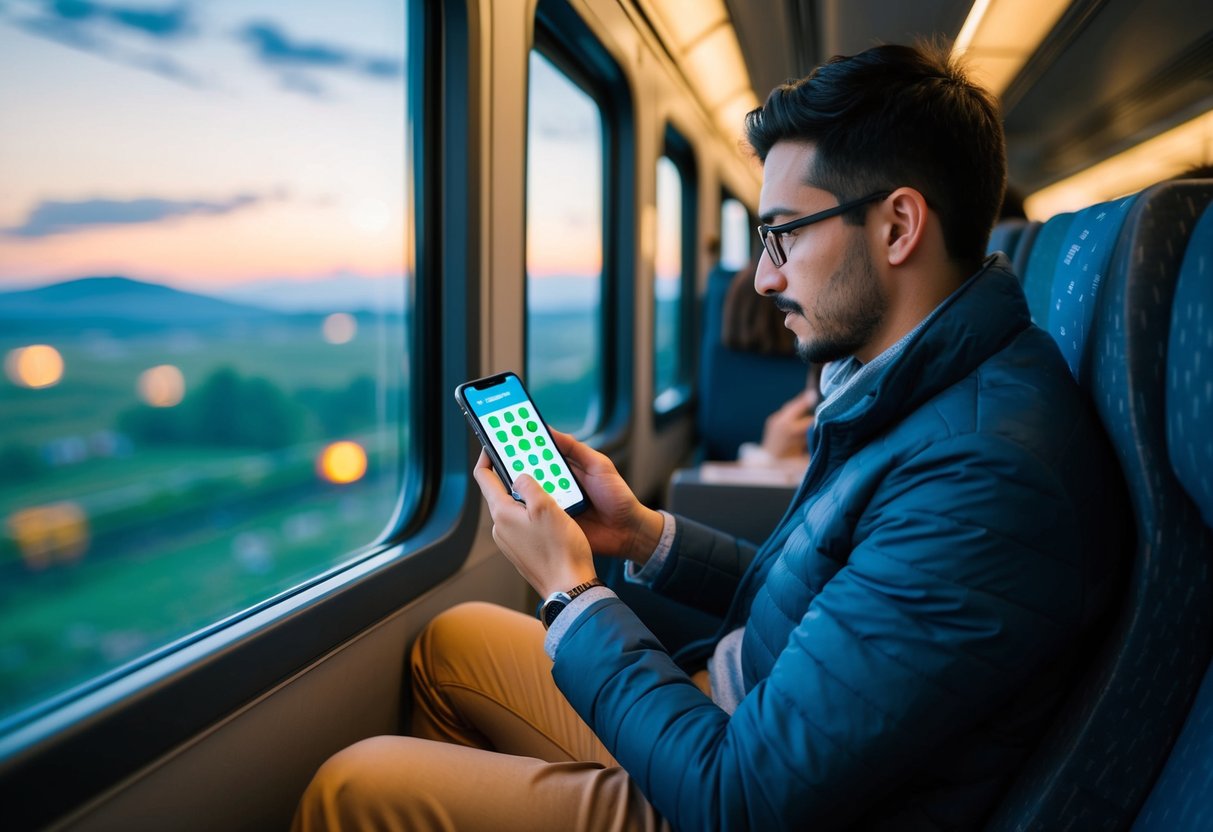 A traveler using a smartphone to play Duolingo games while sitting in a train compartment with a scenic view out the window