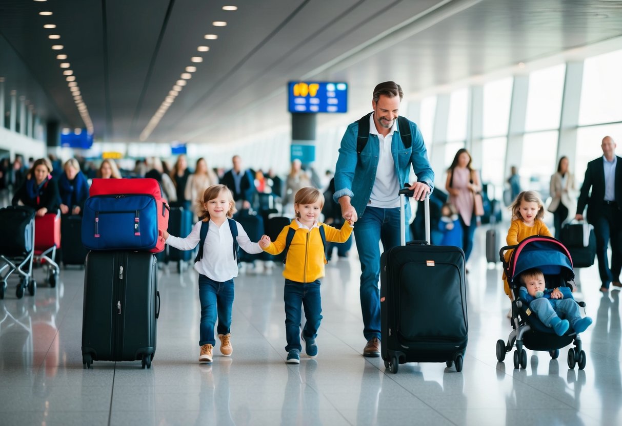 A family with young children navigates a crowded airport, lugging suitcases and strollers while trying to keep the kids entertained and happy