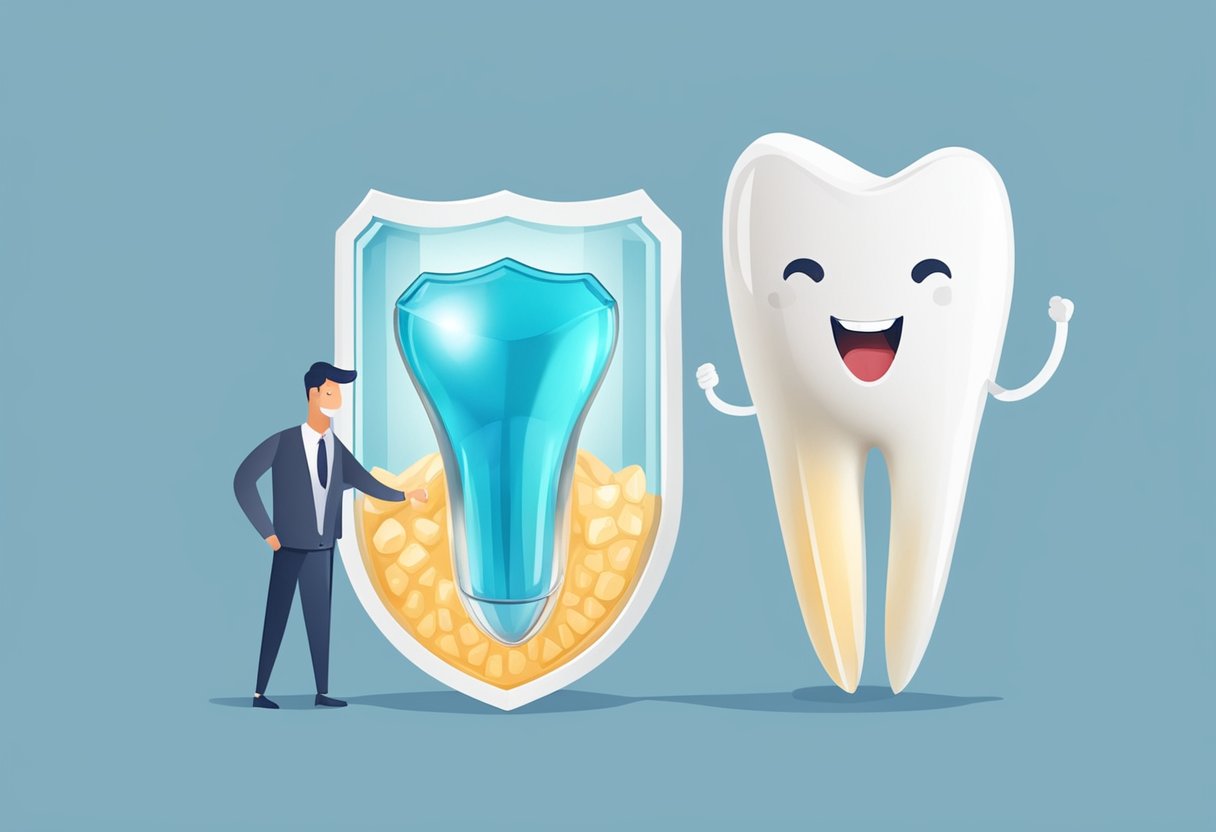 A smiling tooth with a dental implant surrounded by a protective shield of dental insurance coverage