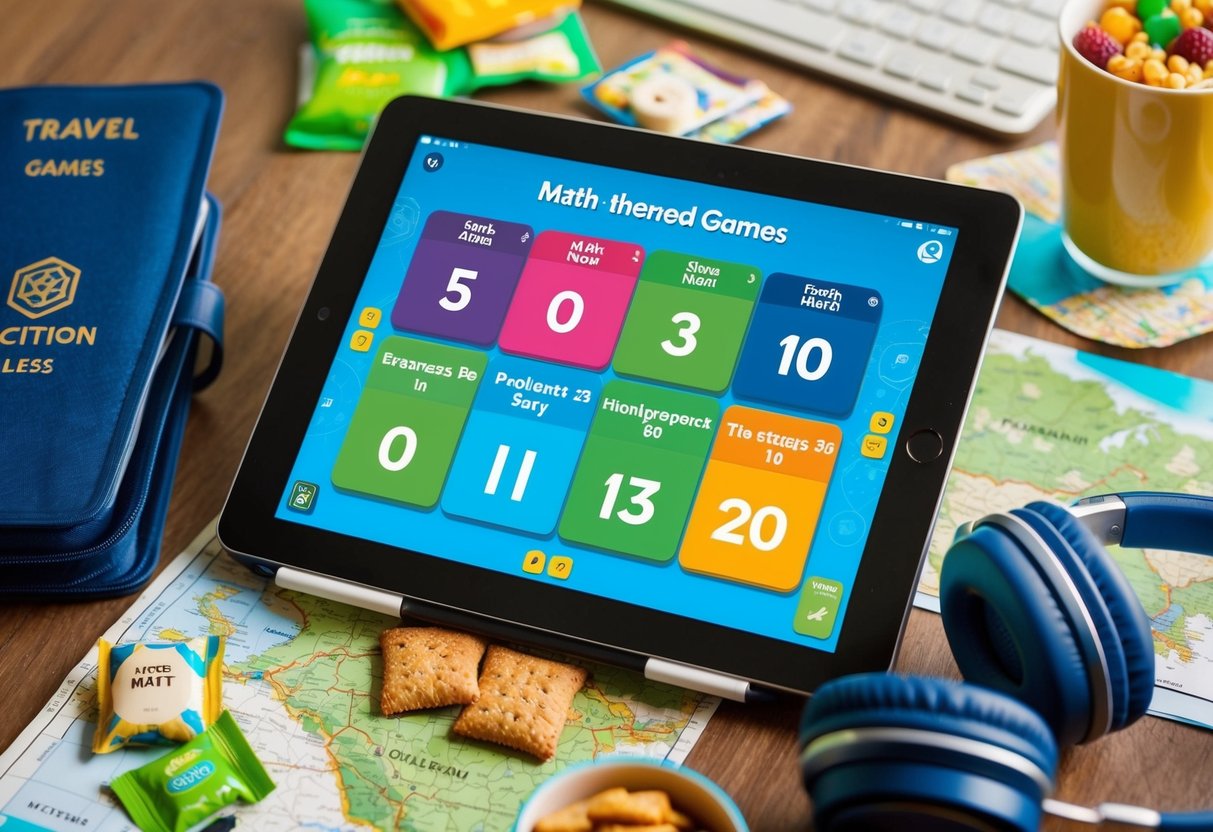 A collection of math-themed games displayed on a tablet, surrounded by travel essentials like a map, snacks, and headphones