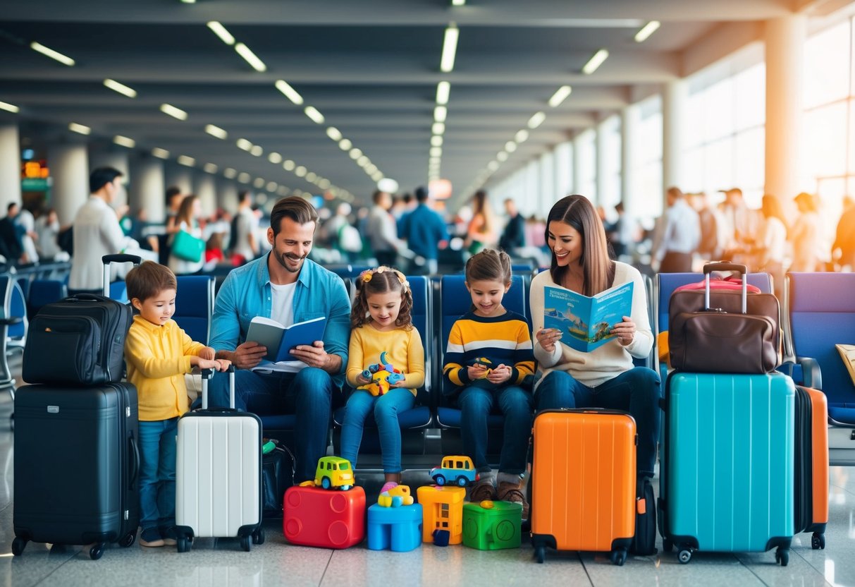 A family sits in a crowded airport, surrounded by luggage and travel essentials. Children play with toys while parents read a travel guide