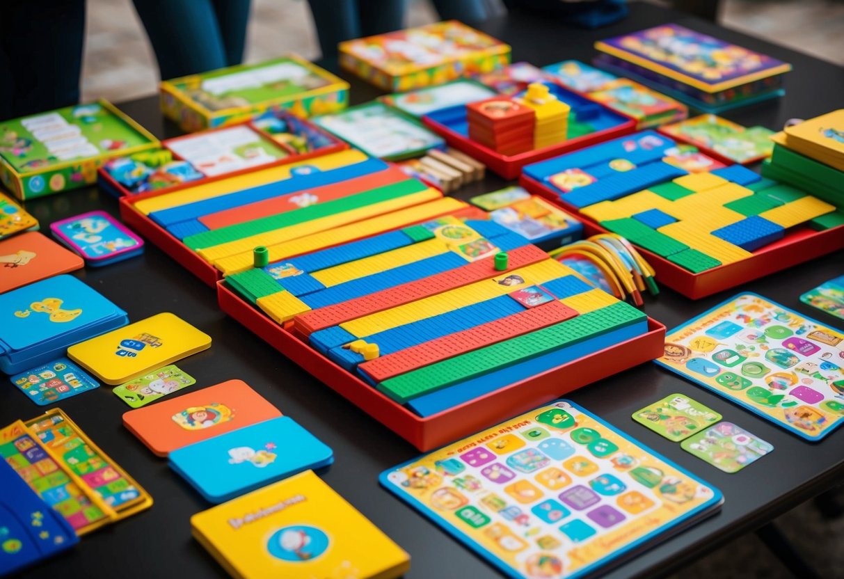 A colorful array of educational games spread out on a table, with playful illustrations and interactive elements, perfect for playing while traveling