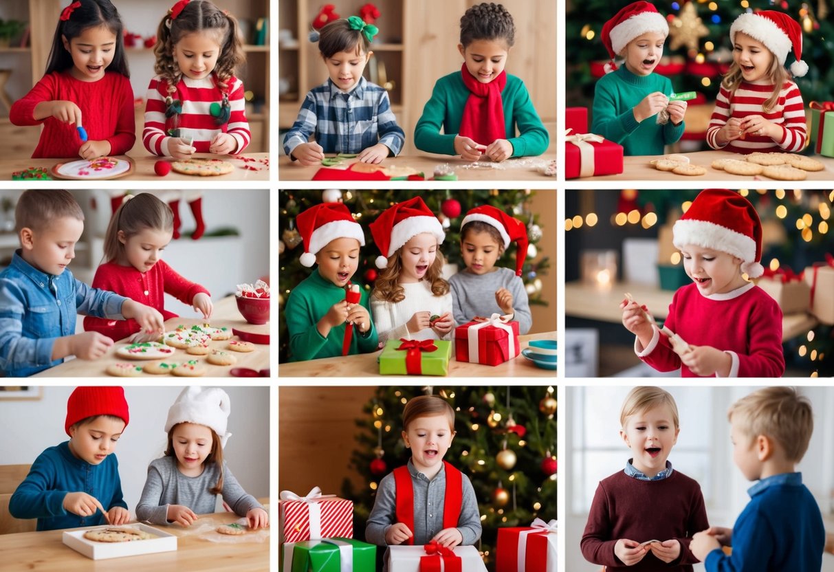 Children engaged in various holiday-themed activities, such as decorating cookies, wrapping presents, and singing carols, while on the go