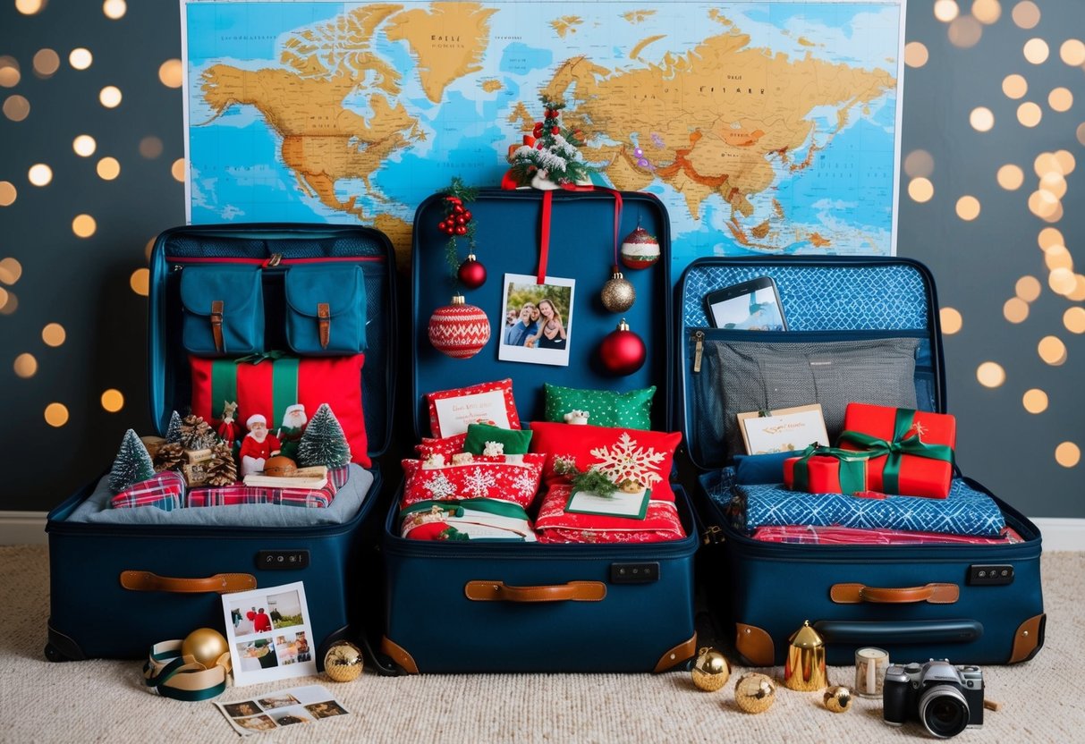 A family's holiday traditions packed in suitcases, including ornaments, recipes, and photos, surrounded by a map and travel essentials