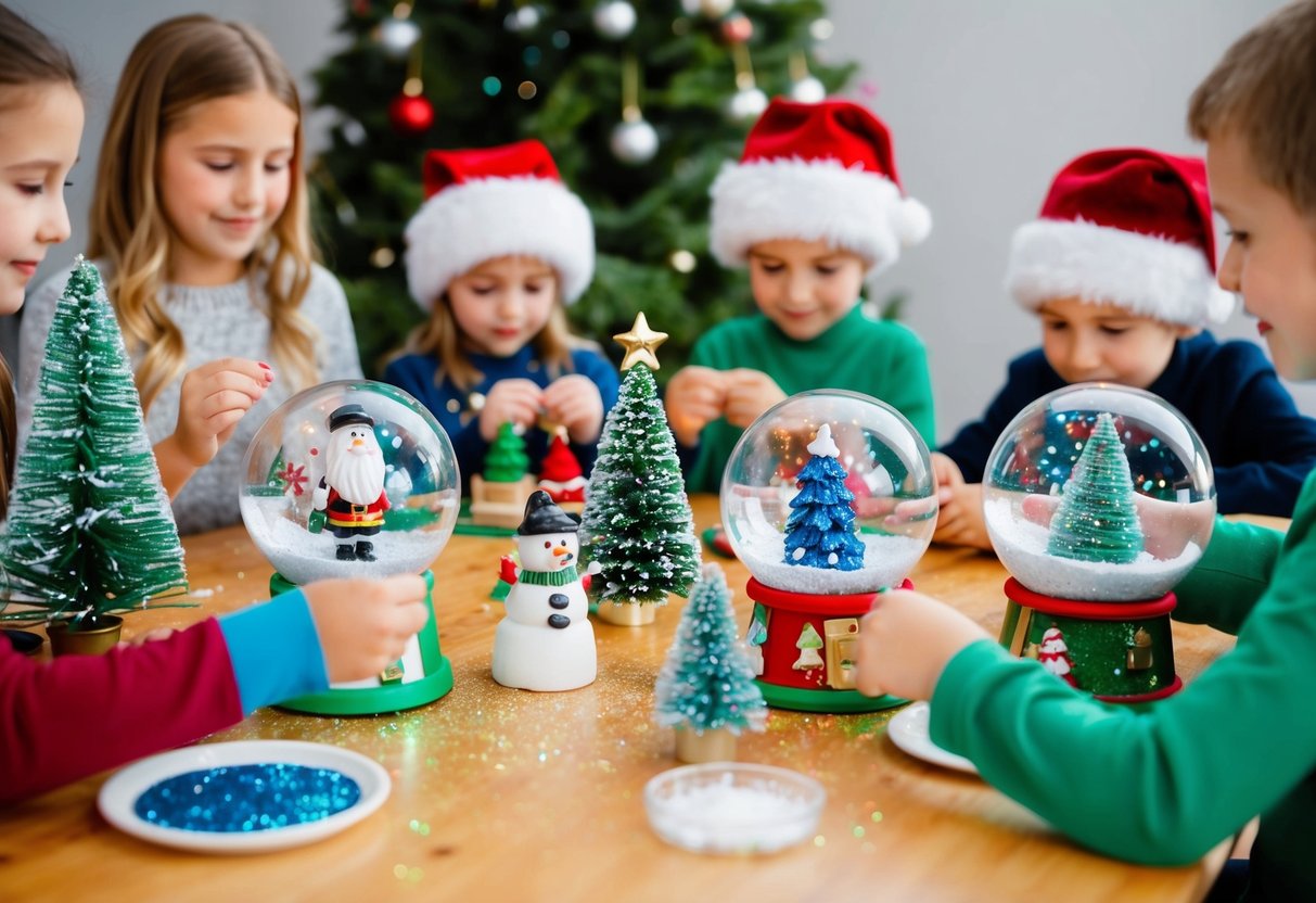 A table with various holiday-themed items like mini trees, figurines, and glitter, surrounded by kids crafting DIY glitter snow globes