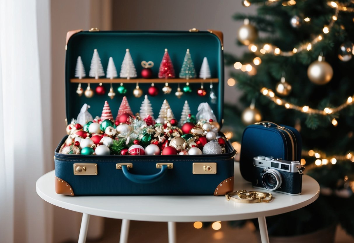 A suitcase filled with miniature holiday decorations arranged in various ways on a small table, with travel essentials nearby