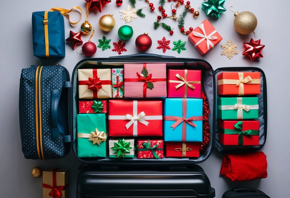 Colorful gifts and holiday essentials neatly packed in a suitcase, surrounded by travel accessories and festive decorations