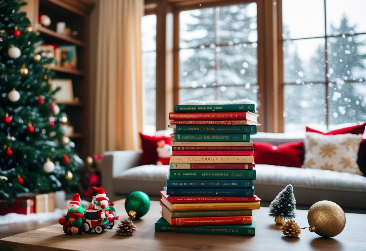 A cozy living room with a stack of holiday-themed storybooks, surrounded by festive decorations and toys. Outside the window, snow is falling gently