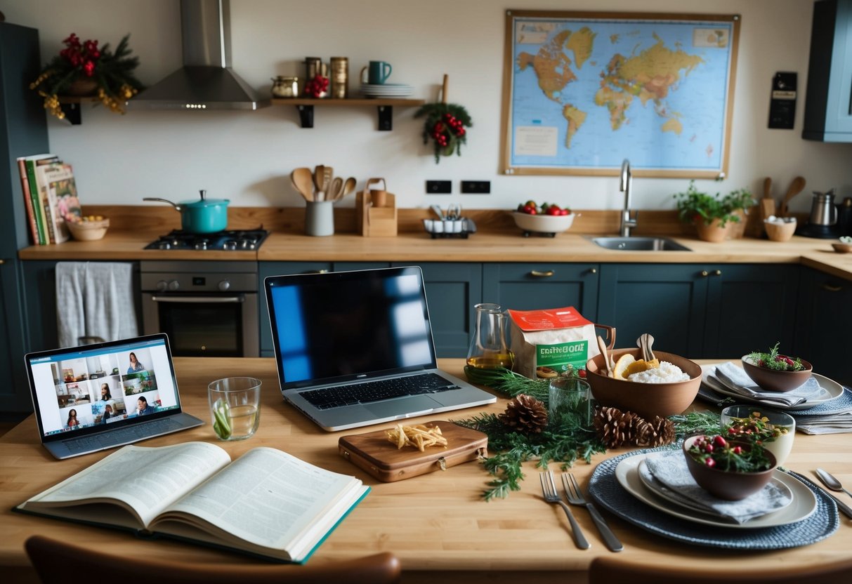 A cozy kitchen with open recipe books, a laptop for video calls, a suitcase packed with ingredients, a map on the wall, and a festive table set for a holiday meal