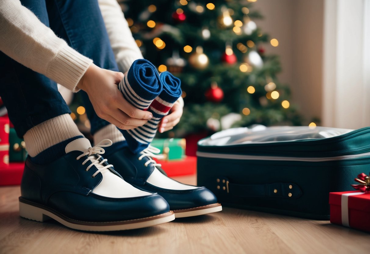 Socks being rolled inside shoes next to neatly packed holiday essentials