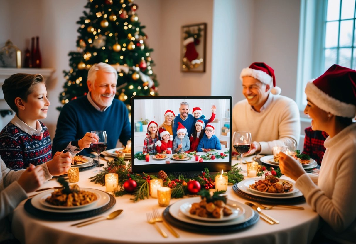 A festive table with virtual screens showing family members celebrating together, surrounded by holiday decorations and traditional dishes