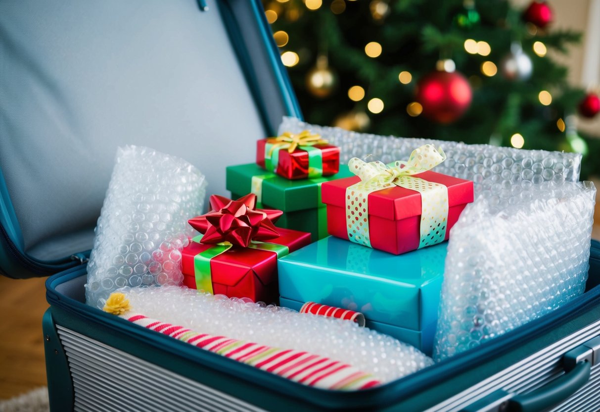 Bubble wrap surrounds delicate items, a suitcase packed with gifts and holiday essentials. Tape secures the protective layers, ready for travel