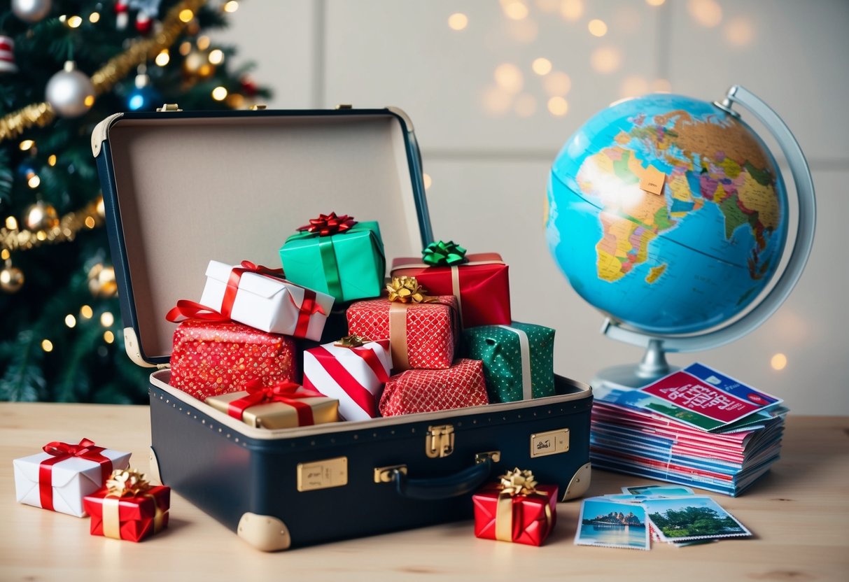 A suitcase overflowing with wrapped presents sits next to a globe and a stack of postcards from different holiday destinations