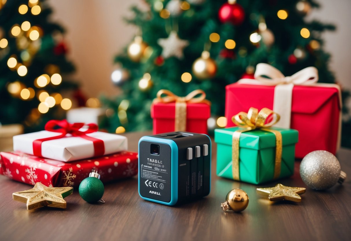 A table with a packed All-in-One Travel Adapter surrounded by wrapped gifts and holiday essentials