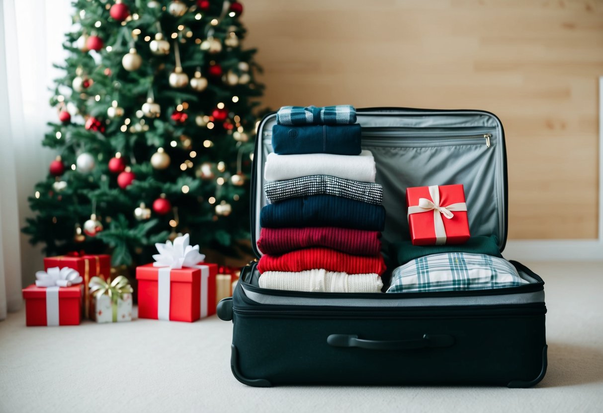 A neatly packed suitcase with wrinkle-free clothing, gifts, and holiday essentials arranged in an organized and efficient manner