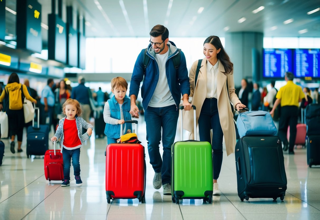 A family with young children navigating through a crowded airport, carrying luggage and trying to keep the kids entertained