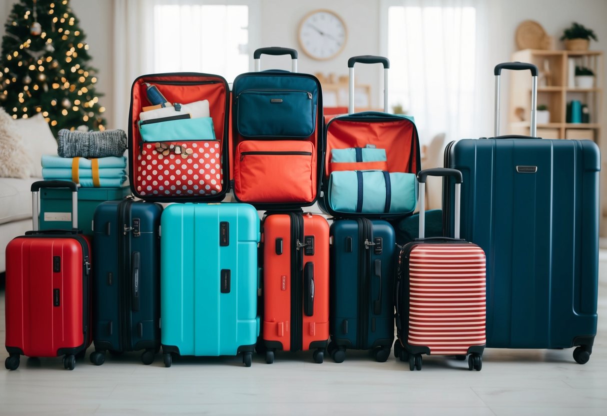 A family's luggage and travel essentials organized in seven different ways to manage holiday travel stress with kids
