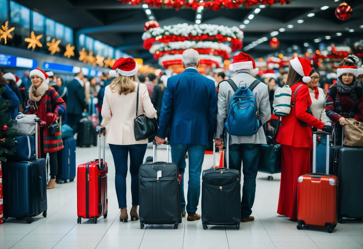 A family with luggage waits in a crowded airport, surrounded by holiday decorations and stressed travelers