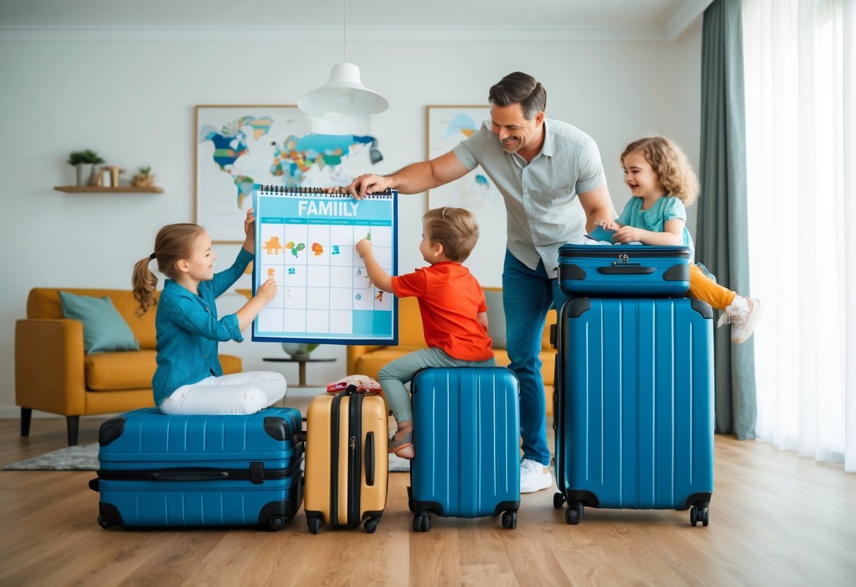 A family packing suitcases and organizing a calendar with travel plans and activities for the kids