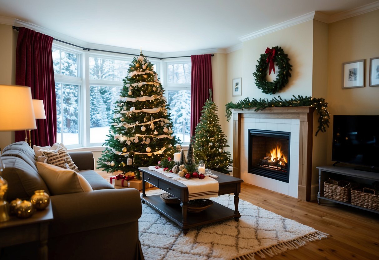 A cozy living room with a crackling fireplace, a beautifully decorated Christmas tree, and a table set for a festive holiday meal. Outside, snow falls gently, creating a picturesque winter scene