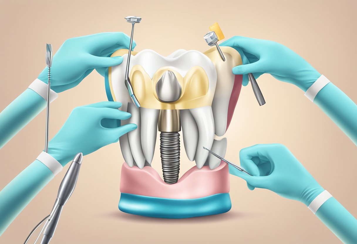 A dental crown being placed on a tooth by a dentist using specialized tools