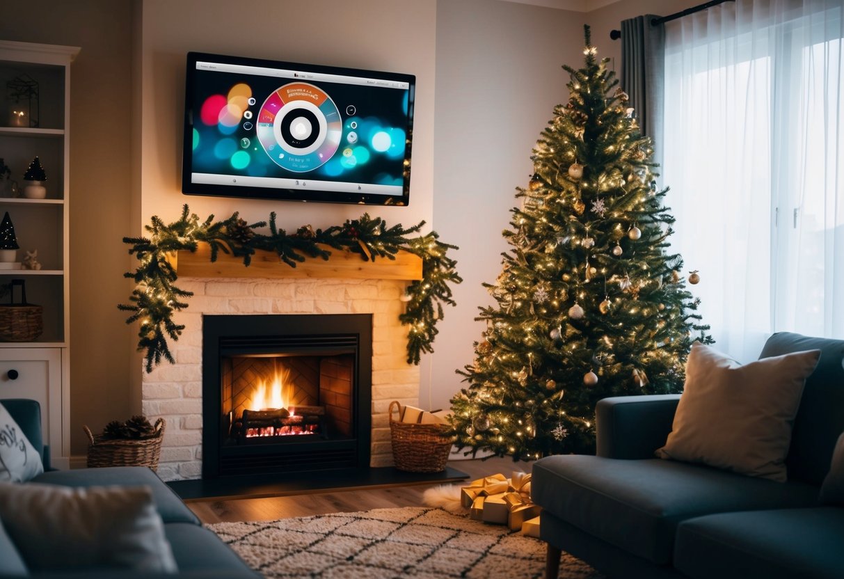 A cozy living room with a crackling fireplace, a Christmas tree adorned with twinkling lights, and a festive playlist playing in the background