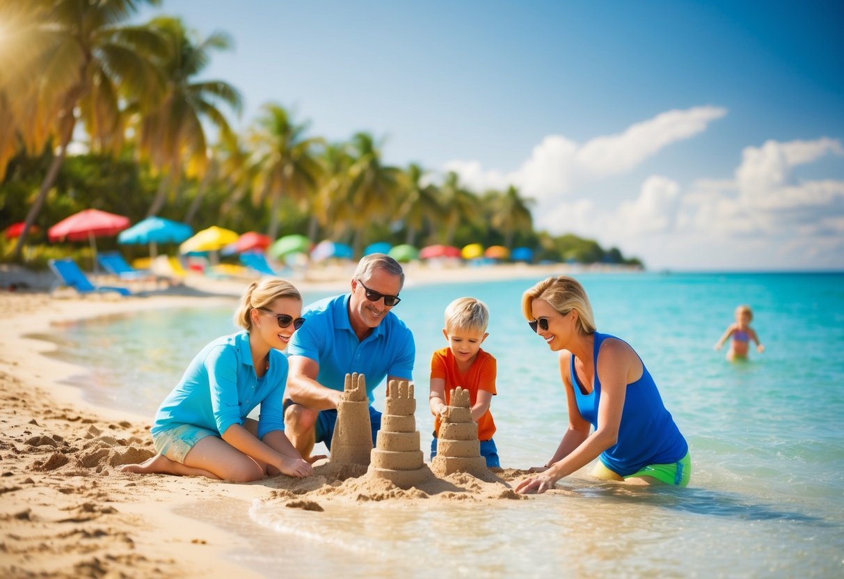 A family of four enjoys a sunny beach vacation, building sandcastles and playing in the clear blue water. Palm trees sway in the background, and colorful beach umbrellas dot the shoreline