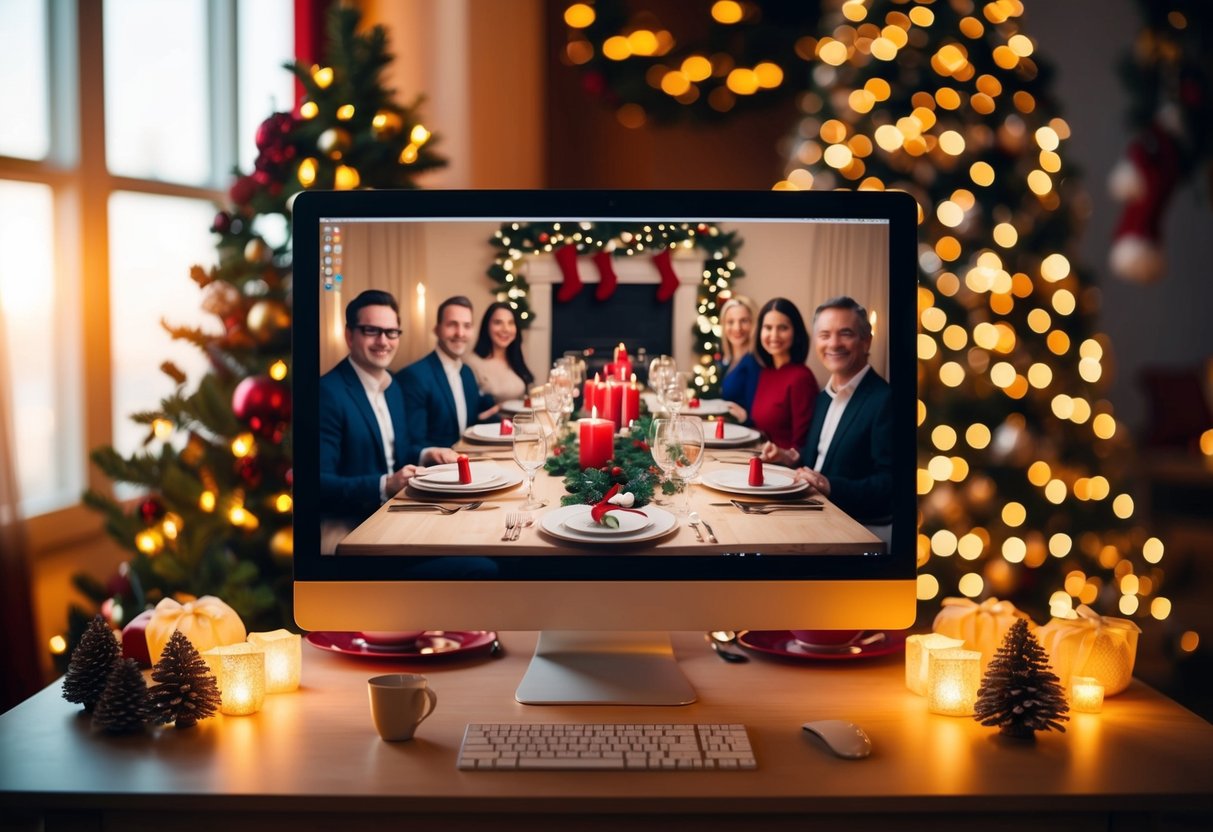A festive table set with virtual dinner guests on a computer screen, surrounded by holiday decorations and warm lighting