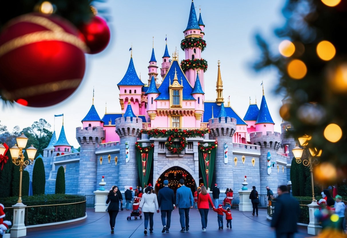 Festive decorations adorn the iconic Sleeping Beauty Castle at Disneyland Park, with families enjoying holiday festivities and attractions