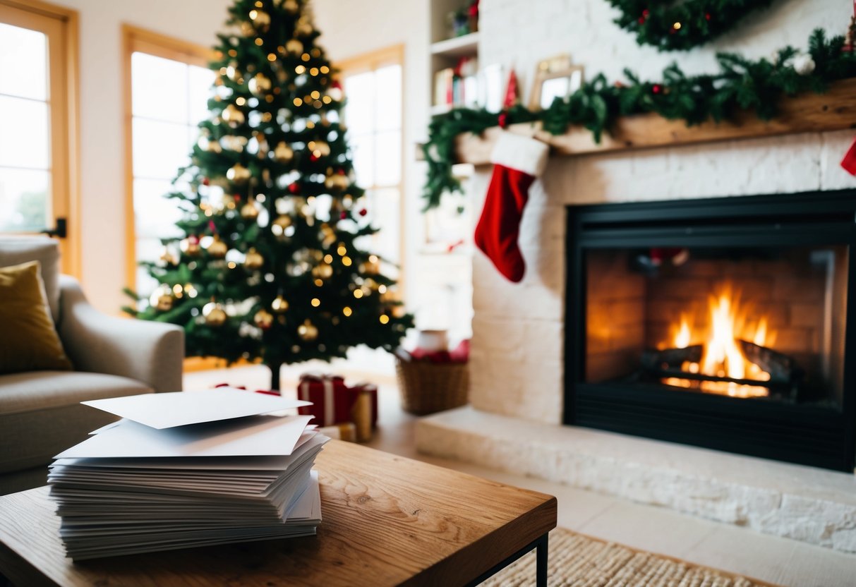 A cozy living room with a crackling fireplace, a festive holiday tree, and a stack of handwritten cards ready to be sent