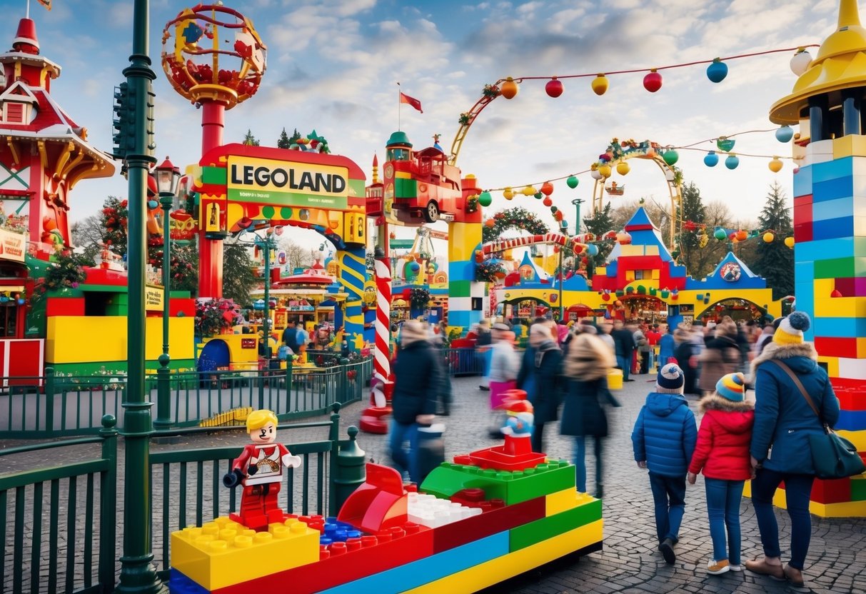 A colorful and bustling Legoland theme park with rides, attractions, and families enjoying the holiday atmosphere in Denmark