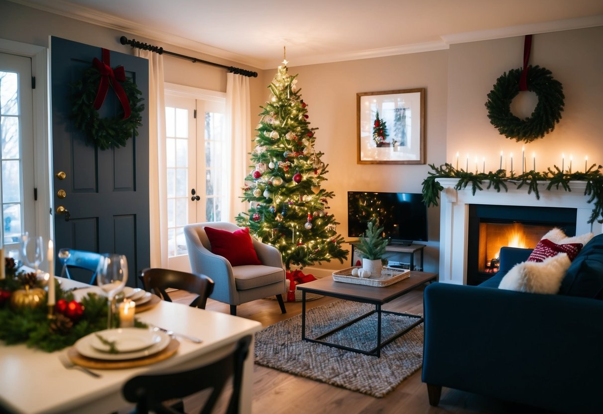 A cozy living room with a festive wreath on the door, twinkling lights, a decorated tree, and a crackling fireplace. A table is set for a holiday meal