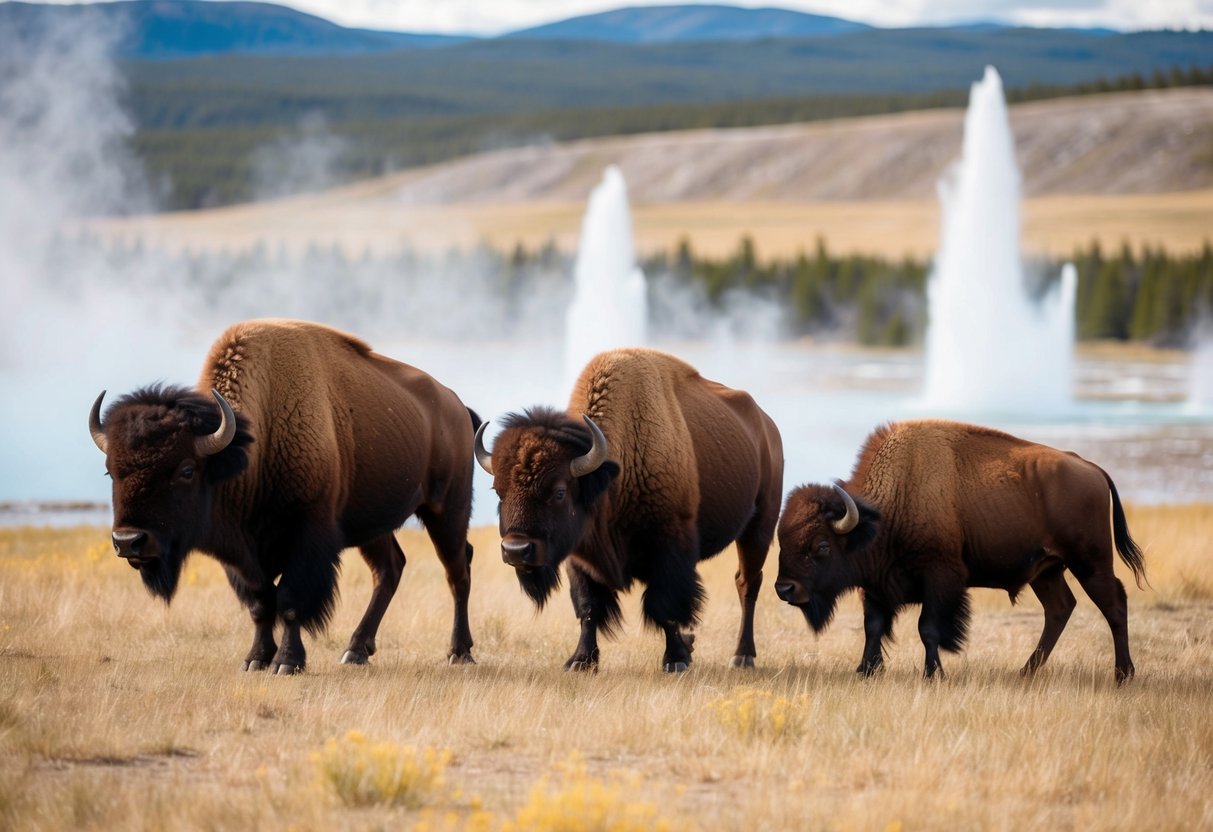 A family of bison roam the vast grasslands of Yellowstone National Park, with geysers and mountains in the background