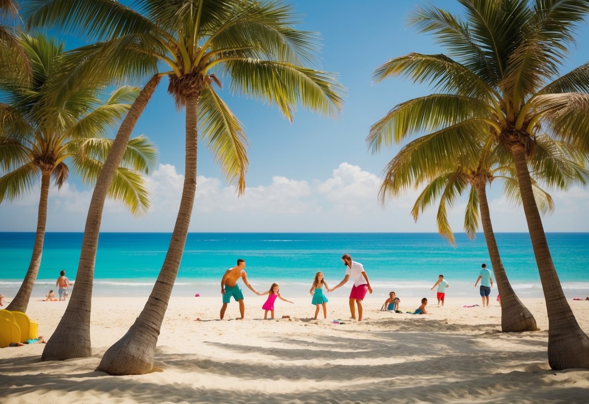 A sunny beach with palm trees, families playing in the sand, and a clear blue ocean in the background