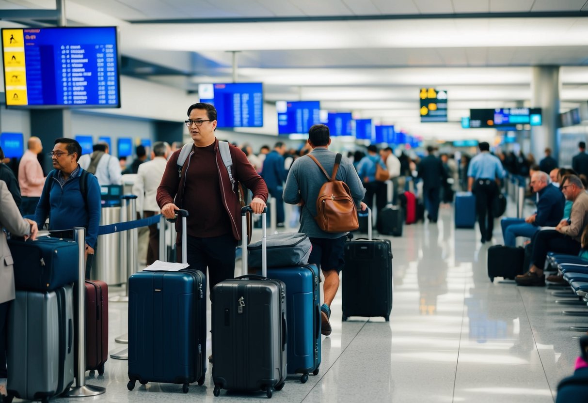 Passengers navigating through crowded airport with luggage, long lines at check-in counters and security, people waiting in cramped seating areas