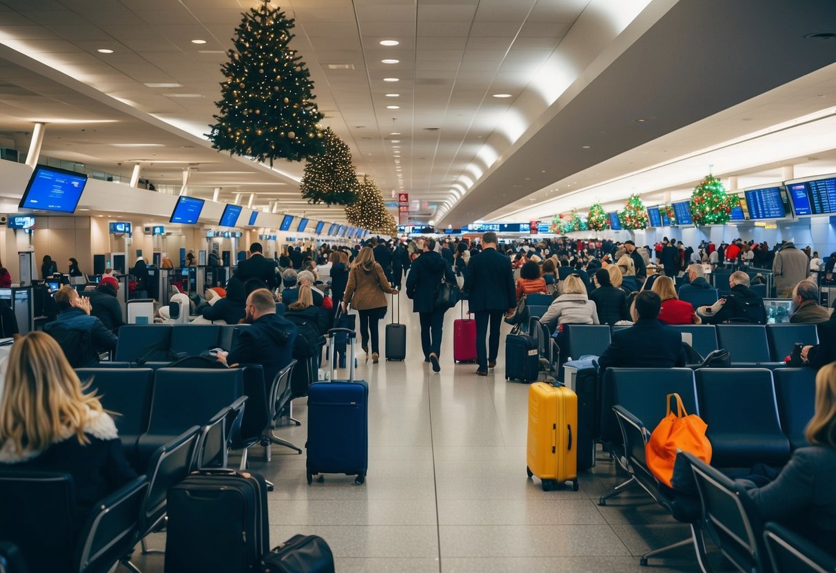 A bustling airport terminal with long lines at check-in, crowded seating areas, and people rushing to catch their flights amidst holiday decorations