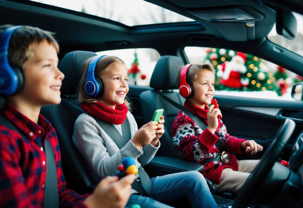 A family car ride with kids playing games, listening to music, and looking out the window at holiday decorations