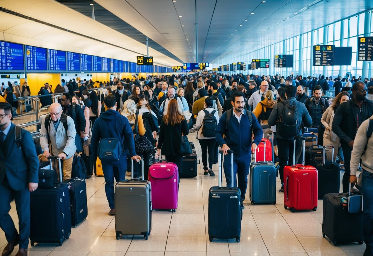 A bustling airport terminal filled with travelers navigating through crowds and long lines, with luggage neatly packed and signs indicating delays