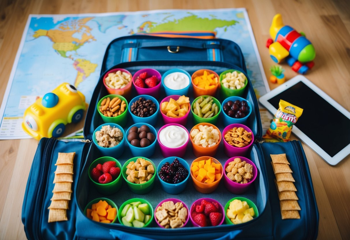 A colorful assortment of snacks arranged neatly in a travel bag, surrounded by a map, tablet, and toys